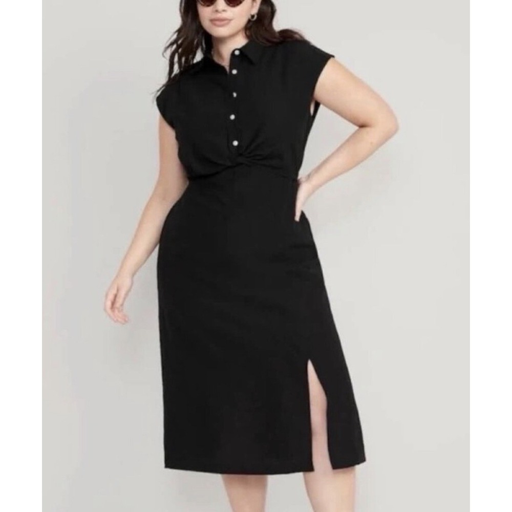 Old Navy Women's Black Waist-Defined Twist-Front Midi Shirt Dress Size 3X New